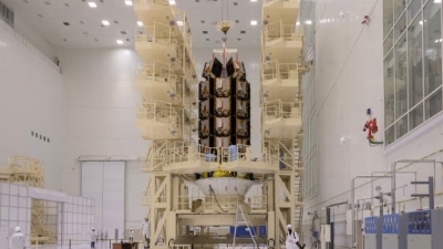 Figure 2:  A stack of 36 OneWeb satellites being prepared ahead of its launch on March 25, 2020. Source: Arianespace
